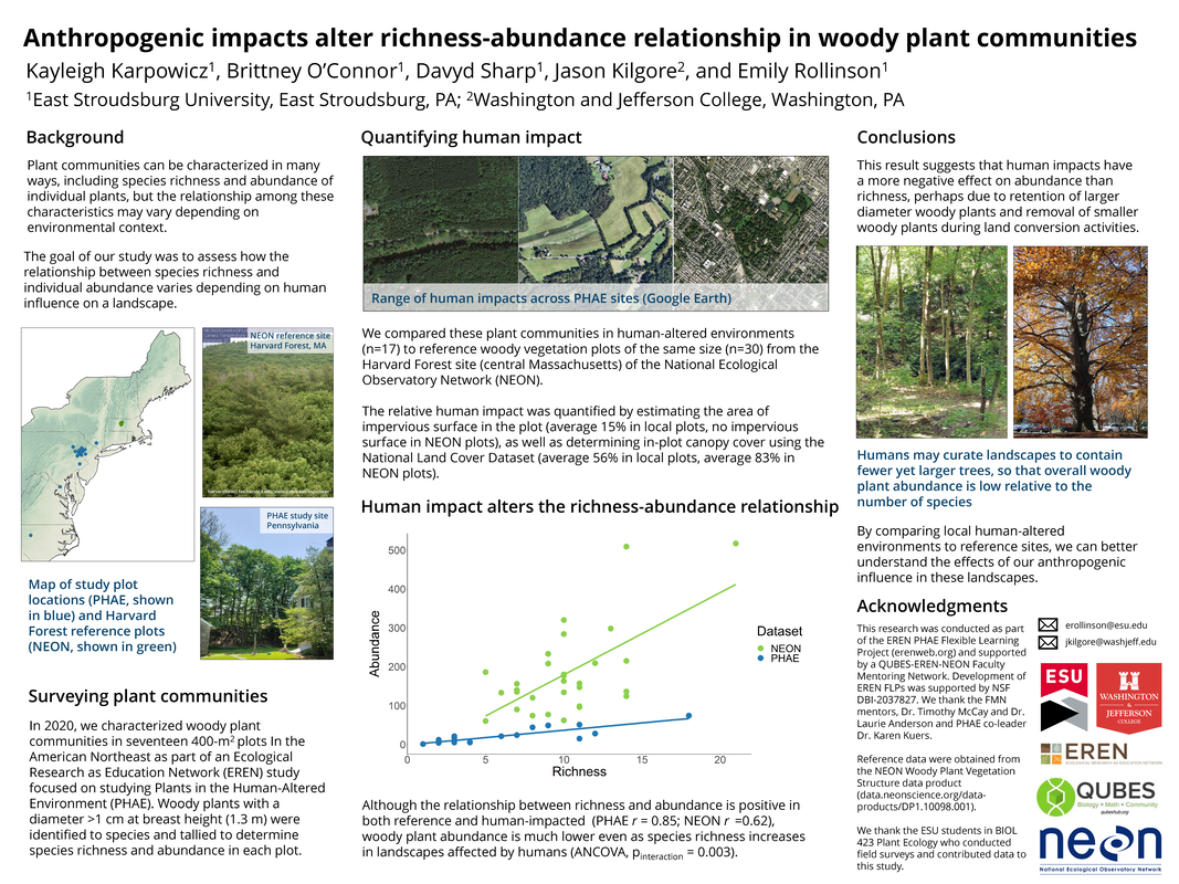 scientific poster titled Anthropogenic impacts alter richness-abundance relationship in woody plant communities; full text in the PDF in link on this page